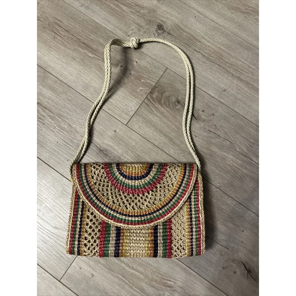 Vintage Rainbow Striped Straw Purse Shoulder‎ Bag